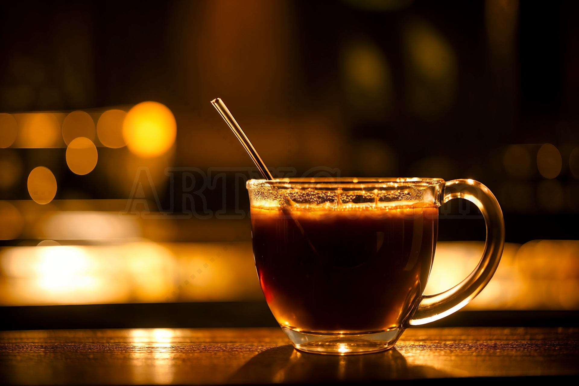artxg-00214-2930502413 Cup of Hot Coffee with Stirring Spoon in Warm Lighting Stock Photo