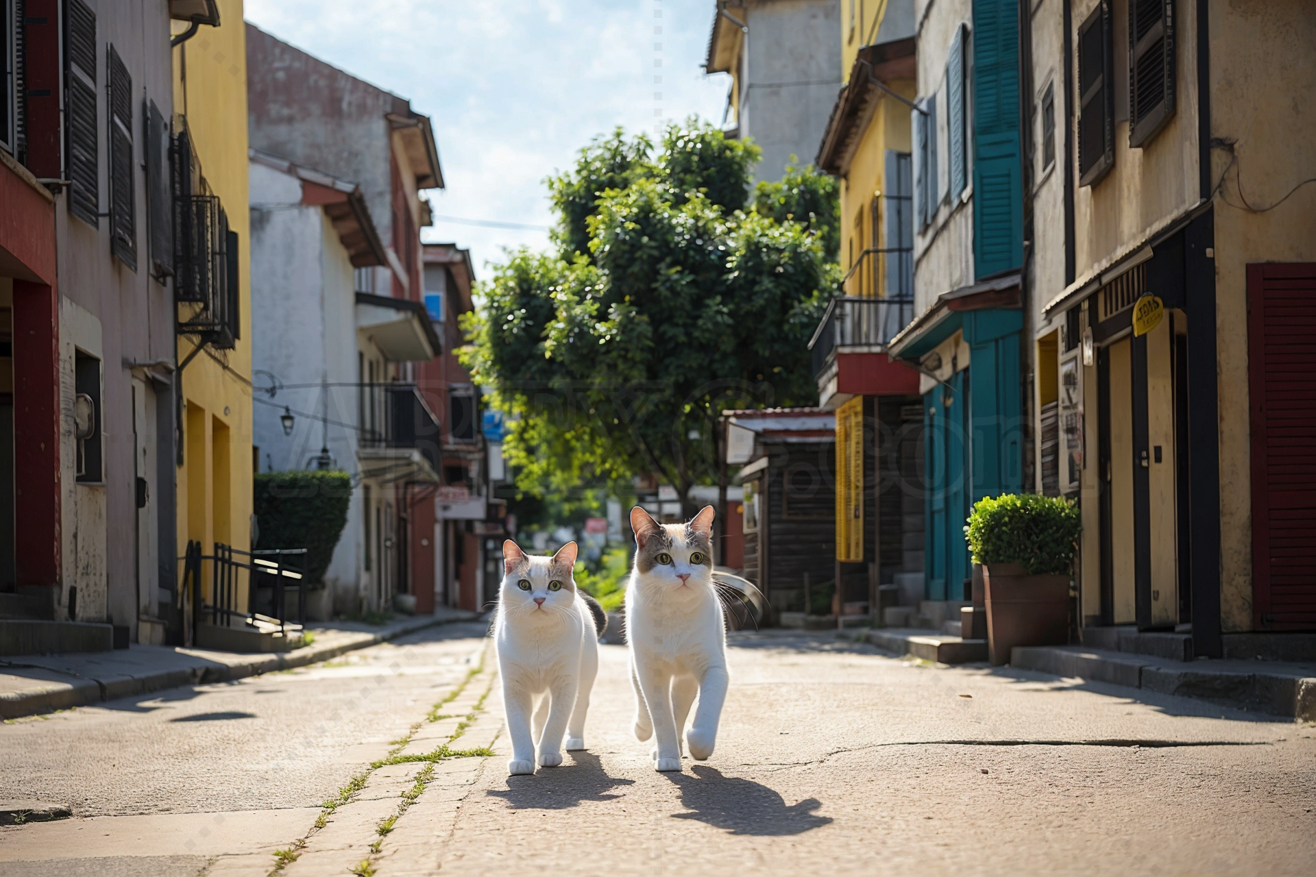artxg-00249-2930502418 Two Cats Walking Down a Sunlit Street Stock Image